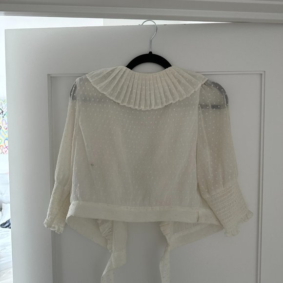 Maje Plumeti Cropped Blouse White Wrap-over Self-tie Belt Ruffle Trim V-neck - Picture 10 of 11